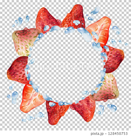 Strawberry berries full and cut in half wreath flying with water splash, dew drops hand drawn in watercolor. Ripe garden pineberry strasberry. Isolated circle frame. Fresh grocery, preserves cookbook Strawberry berries full and cut in half wreath flying with water splash, dew drops hand drawn in watercolor. Ripe garden pineberry strasberry. Isolated circle frame. Fresh grocery, preserves cookbook 128450753