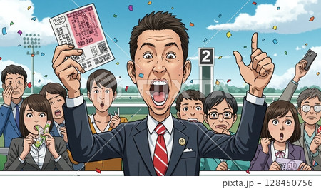 会心の一撃!馬券的中、勝利の雄叫びをあげる男性 会心の一撃!馬券的中、勝利の雄叫びをあげる男性 128450756