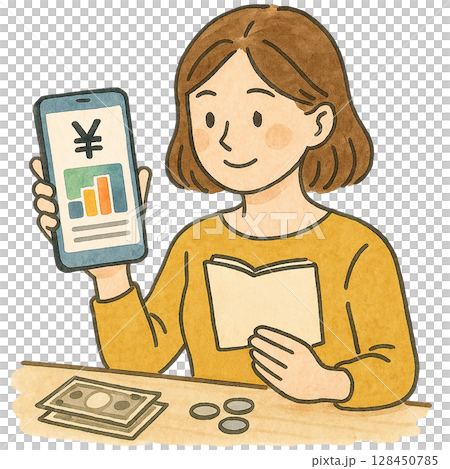 一位女士使用智慧型手機管理家庭財務的插圖 128450785