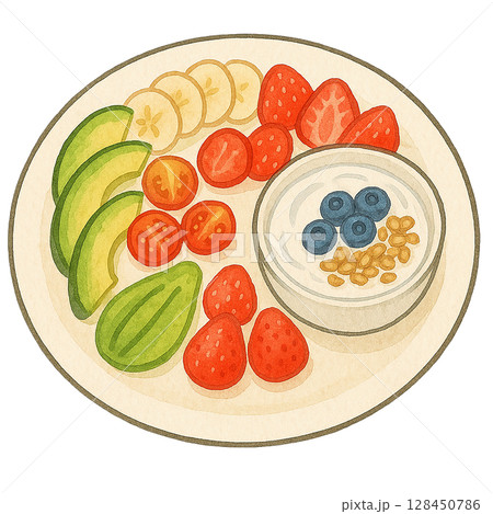 ヨーグルトとフルーツの朝食プレートのイラスト 128450786