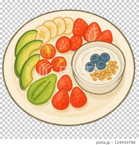 ヨーグルトとフルーツの朝食プレートのイラスト 128450786