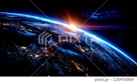 星空と地球、宇宙から見た夜明けの瞬間 128450869