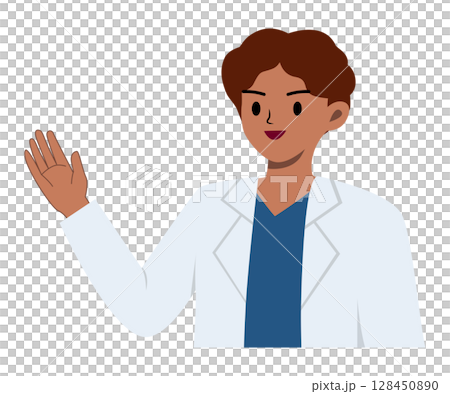 Male doctor cartoon raising his hand for advice or suggest. Medical, recommendation, hospital and health care concept. Character design 128450890