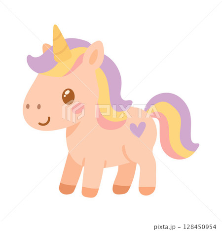 Adorable pastel unicorn with yellow horn and purple mane stands smiling, great for magical animal themes, baby decor, and whimsical fairy tales Adorable pastel unicorn with yellow horn and purple mane stands smiling, great for magical animal themes, baby decor, and whimsical fairy tales 128450954