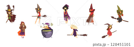 Little Girl Witch Character in Hat Vector Set 128451101