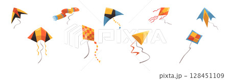 Kite as Wind Flying Toy with Tail for Kids Vector Set. Kite as Wind Flying Toy with Tail for Kids Vector Set. 128451109