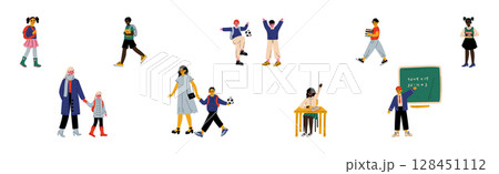 Happy Children with Backpack Going to Elementary or Middle School with Parent Vector Set Happy Children with Backpack Going to Elementary or Middle School with Parent Vector Set 128451112