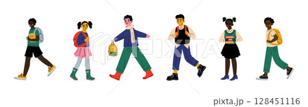 Happy Children with Backpack Going to Elementary or Middle School Vector Set Happy Children with Backpack Going to Elementary or Middle School Vector Set 128451116