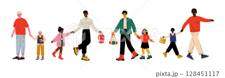 Happy Children with Backpack Going to Elementary or Middle School with Parent Vector Set Happy Children with Backpack Going to Elementary or Middle School with Parent Vector Set 128451117