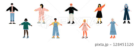 Young Man and Woman Character Standing in Trendy Wear and Fashion Outfit Vector Set Young Man and Woman Character Standing in Trendy Wear and Fashion Outfit Vector Set 128451120