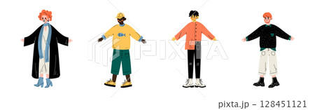 Young Man and Woman Character Standing in Trendy Wear and Fashion Outfit Vector Set 128451121