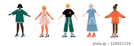 Young Man and Woman Character Standing in Trendy Wear and Fashion Outfit Vector Set 128451134