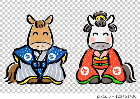 Smiling man and woman dressed in traditional Japanese clothing exchanging New Year's greetings Smiling man and woman dressed in traditional Japanese clothing exchanging New Year's greetings 128451436