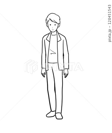 カジュアルなジャケットを羽織った若い男性のモノクロームのイラスト正面 128451543