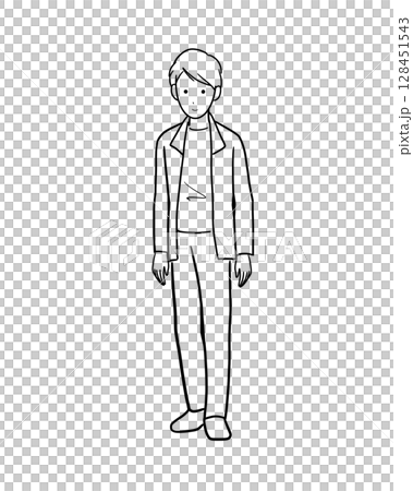 カジュアルなジャケットを羽織った若い男性のモノクロームのイラスト正面 128451543