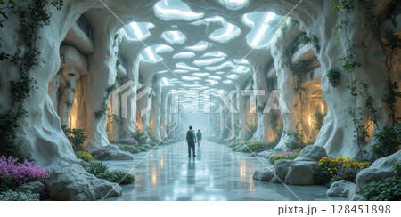 Living Material Laboratory Self-healing infrastructure visualization showing bioactive maintenance patterns, responsive structure abstract, adaptive building in biological intelligence 128451898