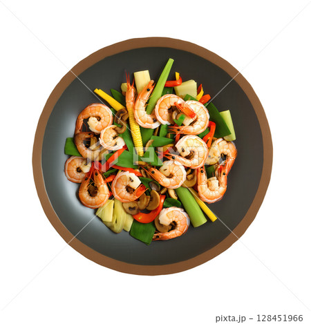 Goong Pad Satar - Stir-fried shrimp with a Thai herb and tamarind sauce, combined with fresh vegetables like baby corn 128451966
