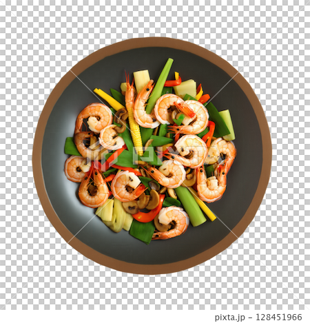 Goong Pad Satar - Stir-fried shrimp with a Thai herb and tamarind sauce, combined with fresh vegetables like baby corn 128451966