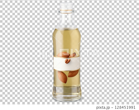 Bitter Almond Oil (Prunus amygdalus) A transparent glass bottle filled with pale amber bitter almond oil. The oil has a 128451991