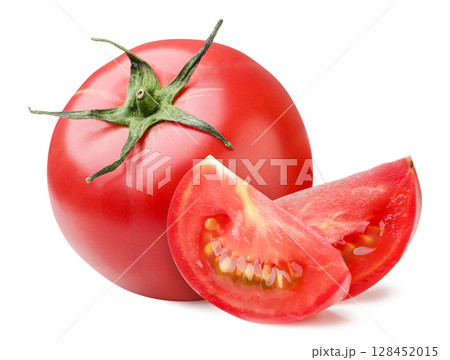Ripe tomato and slices on a white background. Isolated 128452015