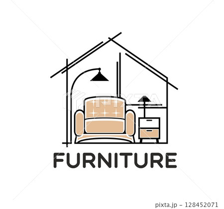 Home interior design and furniture line icon. Real estate realtor company minimal symbol. Interior design or architect bureau vector sign, furniture store icon with armchair, bedside table and lamp Home interior design and furniture line icon. Real estate realtor company minimal symbol. Interior design or architect bureau vector sign, furniture store icon with armchair, bedside table and lamp 128452071