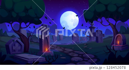 Cartoon Halloween cemetery landscape with tombstones on graves, vector background. Halloween horror night holiday graveyard with full moon and burning candles on tombs in spooky cemetery landscape 128452078