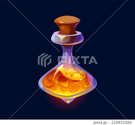 Witch magic potion bottle, Halloween fire elixir. Sorcerer mystic potion or witch toxic poison vial RPG game vector item, Halloween wizard magic elixir bottle with orange liquid and wooden cork 128452084