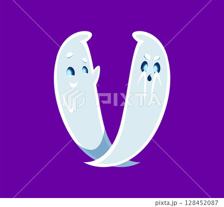 Halloween font V letter ghost cartoon comical character. Creepy phantom mascot latin alphabet element, spooky monster personage or spirit character font typeset vector symbol. English ABC ghost letter Halloween font V letter ghost cartoon comical character. Creepy phantom mascot latin alphabet element, spooky monster personage or spirit character font typeset vector symbol. English ABC ghost letter 128452087
