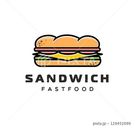 Sandwich icon, fast food meal or snack symbol. Takeout cafe american sandwich vector emblem, fast food delicious meal symbol. Street food menu tasty snack with salad, cheese and meat icon Sandwich icon, fast food meal or snack symbol. Takeout cafe american sandwich vector emblem, fast food delicious meal symbol. Street food menu tasty snack with salad, cheese and meat icon 128452099