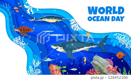 World oceans day paper cut banner with sea animals and underwater landscape. Marine life protection and ecology saving paper cut vector flyer or ocean day cutout poster with shark, turtle and narwhal World oceans day paper cut banner with sea animals and underwater landscape. Marine life protection and ecology saving paper cut vector flyer or ocean day cutout poster with shark, turtle and narwhal 128452100