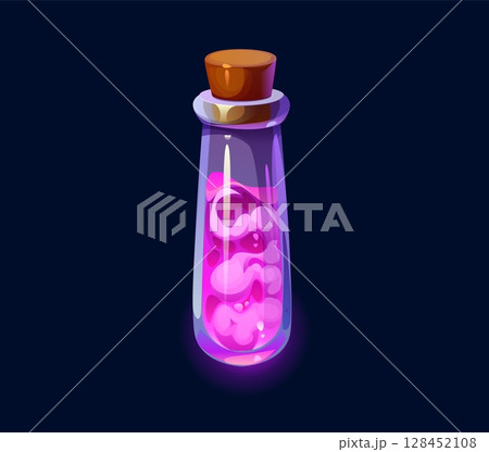 Witch magic potion bottle, Halloween poison flask. Sorcerer or alchemist laboratory mystic elixir PC game vector interface asset, wizard or witch fantasy mixture or magic potion flask with pink liquid 128452108