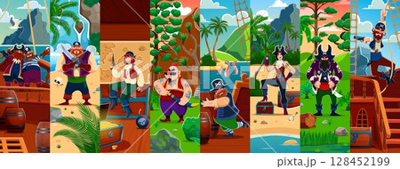 Funny pirate and corsair sailor cartoon characters. Woman pirate captain holding pistol and hunting treasure personages. Drunk cheerful filibusters, evil corsair man sailor on beach vector character Funny pirate and corsair sailor cartoon characters. Woman pirate captain holding pistol and hunting treasure personages. Drunk cheerful filibusters, evil corsair man sailor on beach vector character 128452199