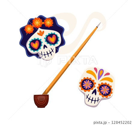 Day of the Dead font incense stick and sugar skull punctuation percent symbol. Mexican holiday type vector element, death carnival typeset special symbol. Mexico Day of the Dead typeface mark or sign 128452202