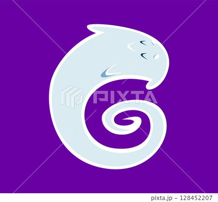 Halloween font G letter ghost cartoon comical character. Horror spirit mascot latin alphabet font, Halloween ghost personage or scary monster character typeset vector symbol. English ABC letter 128452207