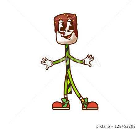 Cartoon groovy Halloween marshmallow zephyr sweet candy character. Isolated vector vector funny holiday pastry personage with chocolate topping and striped stick. Kids trick or treat party confection 128452208