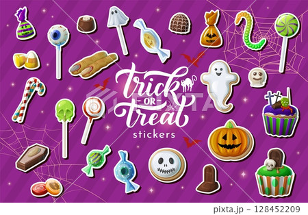 Halloween sweets stickers pack. Vector set of patches featuring assortment of spooky sweet desserts include candy canes, ghost, pumpkin, eyeballs, worms and gory treats for the trick or treat season 128452209