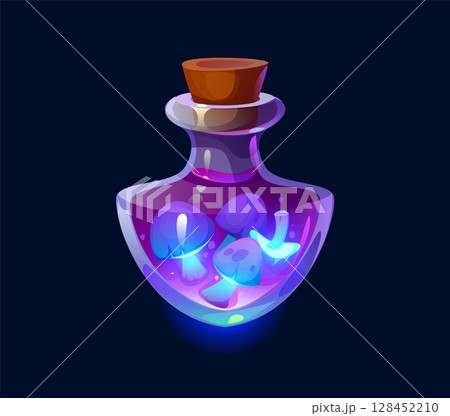 Magic potion bottle for Halloween, luminous mushrooms poison or elixir, cartoon vector. Halloween holiday liquid spell or poison and magic potion glass bottle with glowing toadstool substance drink Magic potion bottle for Halloween, luminous mushrooms poison or elixir, cartoon vector. Halloween holiday liquid spell or poison and magic potion glass bottle with glowing toadstool substance drink 128452210