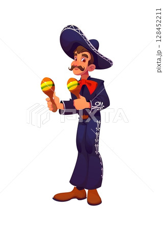Mexican mariachi musician character in traditional attire holding maracas symbolizing cultural celebration and music, joy and festivity, heritage and folk artistry in festivals and cultural events 128452211