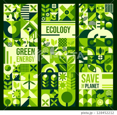 Environment and ecology green banners with geometric nature Bauhaus pattern. Save the planet nature, green energy vector flyer or banners with flowers, plant leaves, wind turbines Bauhaus shapes Environment and ecology green banners with geometric nature Bauhaus pattern. Save the planet nature, green energy vector flyer or banners with flowers, plant leaves, wind turbines Bauhaus shapes 128452212