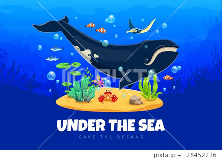 Save the oceans banner with cute cartoon whale and sea animals. Marine ecology and underwater life protection vector poster of save oceans flyer with giant whale, manta ray, crab and corals, seaweed Save the oceans banner with cute cartoon whale and sea animals. Marine ecology and underwater life protection vector poster of save oceans flyer with giant whale, manta ray, crab and corals, seaweed 128452216