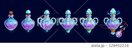 Magic air, game rank badge for level progress stage and cartoon asset, vector GUI element. UI. Magic air in lamp or bottle vial, energy or power elixir for game rank badge and level progress stage 128452218