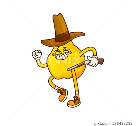 Cartoon groovy guava fruit cowboy or sheriff character. Fresh exotic fruit Western bandit groovy vector character. Guava Wild West ranger cute personage wearing cowboy hat, running with pistol gun Cartoon groovy guava fruit cowboy or sheriff character. Fresh exotic fruit Western bandit groovy vector character. Guava Wild West ranger cute personage wearing cowboy hat, running with pistol gun 128452252