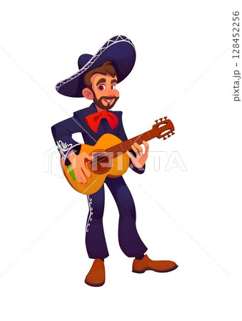 Mexican mariachi musician character, national Mexican Cinco de mayo holiday cartoon vector charro personage in traditional attire plays guitar infusing lively rhythm and spirited melody of folk music Mexican mariachi musician character, national Mexican Cinco de mayo holiday cartoon vector charro personage in traditional attire plays guitar infusing lively rhythm and spirited melody of folk music 128452256