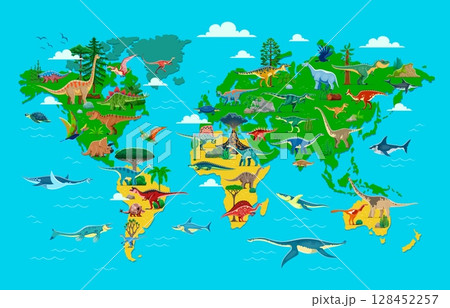 Prehistoric dinosaurs world map infographics. Paleontology science cartoon vector infographics with dinosaurs, prehistoric reptile animals cute characters on continents map, swimming in oceans Prehistoric dinosaurs world map infographics. Paleontology science cartoon vector infographics with dinosaurs, prehistoric reptile animals cute characters on continents map, swimming in oceans 128452257