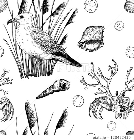 Black and white marine seamless pattern with a seagull standing among reeds, surrounded by seashells, a crab, coral, and bubbles. Vector illustration. Hand drawn style perfect for nautical designs. 128452430