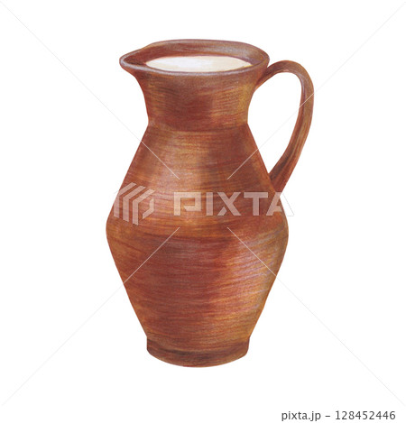 Watercolor illustration of a clay jug with milk and a handle, hand-painted on a white background. Suitable for postcards, stickers, scrapbooking, and rustic design projects Watercolor illustration of a clay jug with milk and a handle, hand-painted on a white background. Suitable for postcards, stickers, scrapbooking, and rustic design projects 128452446