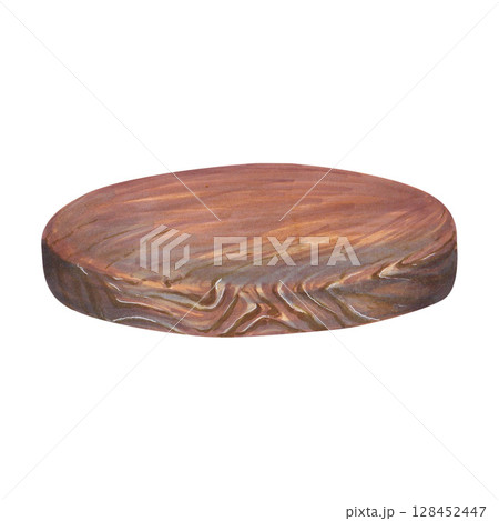 Watercolor illustration of a round wooden cutting board, hand-painted on a white background. Suitable for postcards, stickers, scrapbooking, farm-style and culinary design projects 128452447
