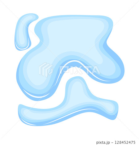 Water spill puddle. Blue liquid shape in flat cartoon style. Clean fluid drop design element isolated on white background 128452475