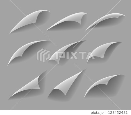 Curled paper corners. Curve page corner, pages edge curl and bent papers sheet with realistic shadow. Paper corner folds isolated on white background Curled paper corners. Curve page corner, pages edge curl and bent papers sheet with realistic shadow. Paper corner folds isolated on white background 128452481