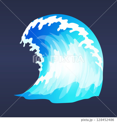 Sea ocean wave. Blue water ocean wave, marine surf wave, ripples tides sea storm, tsunami, tidal shape, splash water motion with spray isolated vector cartoon illustration 128452486